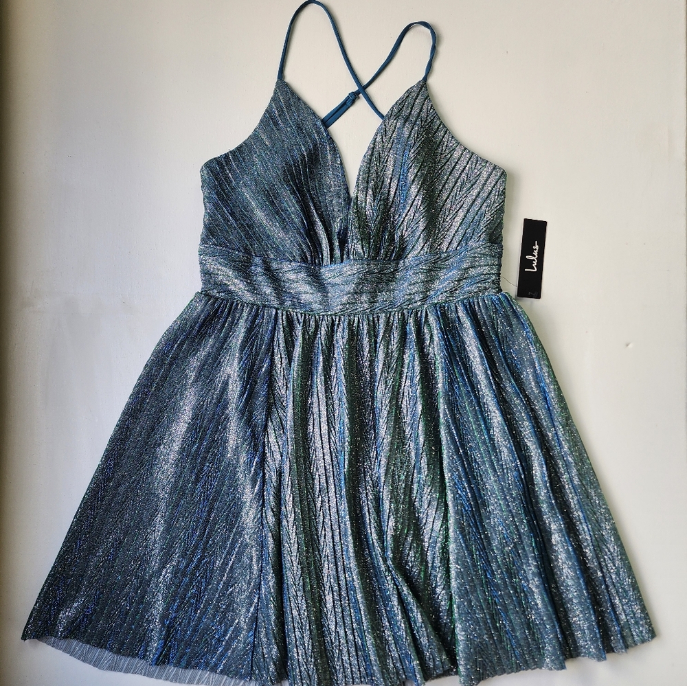 Lulus Stop the Show Blue Glitter Skater Dress Size L - Picture 10 of 10